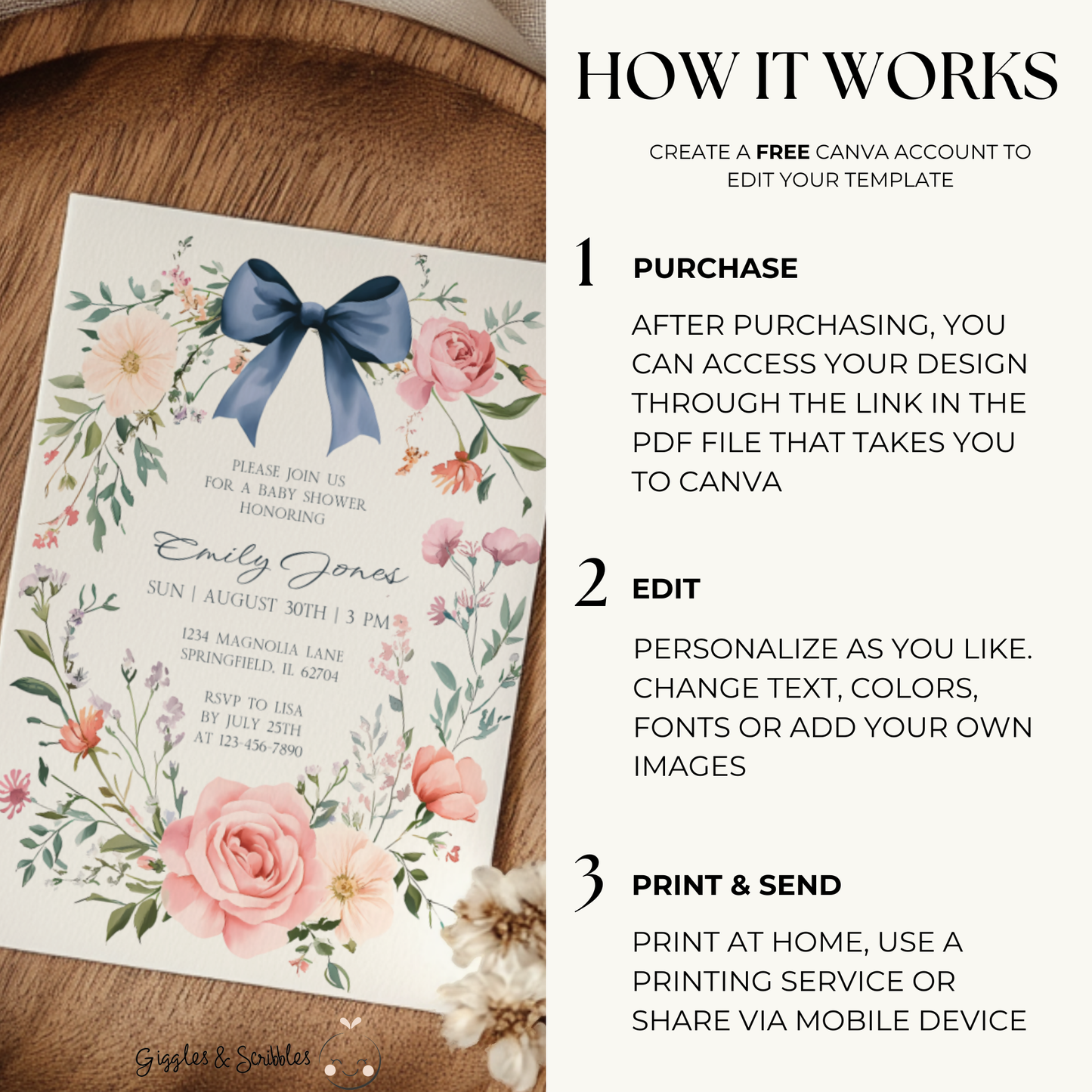 Baby Shower Invitation - Dusty Blue Bow Vintage Floral Elegant BS127