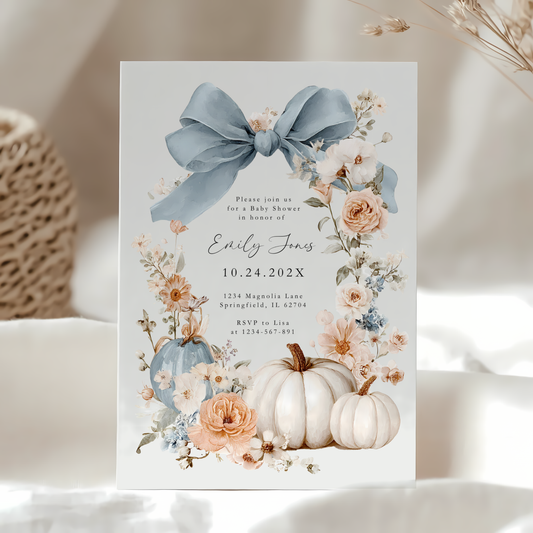 Baby Shower Invitation - Blue Bow Floral Pumpkin BS234