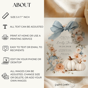 Baby Shower Invitation - Blue Bow Floral Pumpkin BS234