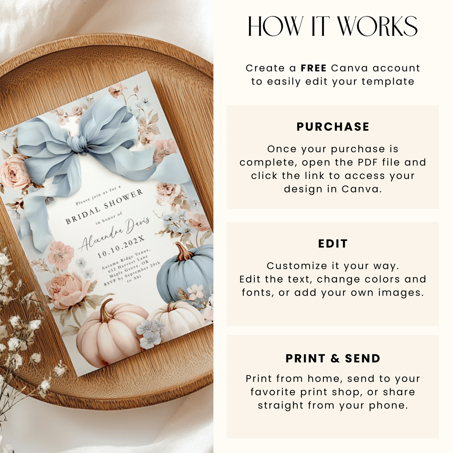 Dusty Blue Bow Pumpkin Bridal Shower Invitation Template L15