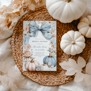 Dusty Blue Bow Pumpkin Bridal Shower Invitation Template L15