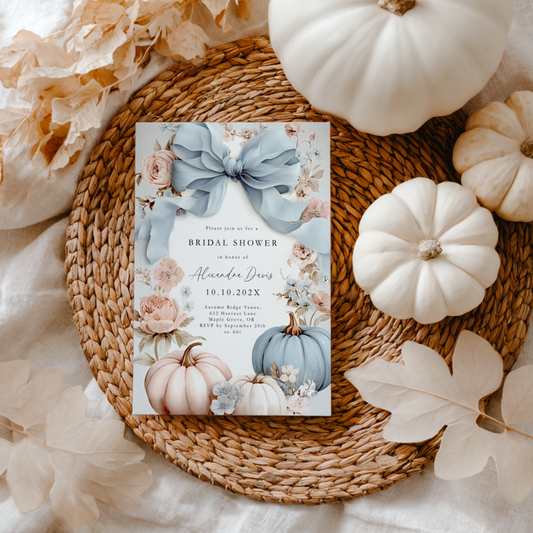 Dusty Blue Bow Pumpkin Bridal Shower Invitation Template L15