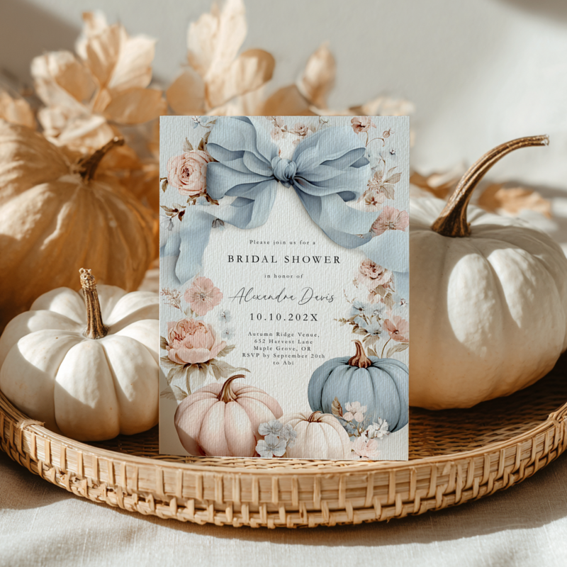 Dusty Blue Bow Pumpkin Bridal Shower Invitation Template L15