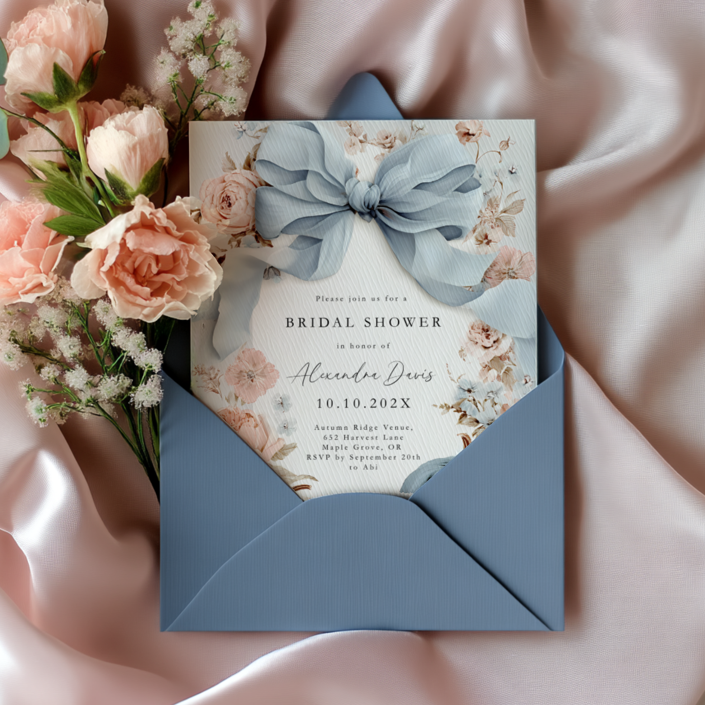 Dusty Blue Bow Pumpkin Bridal Shower Invitation Template L15
