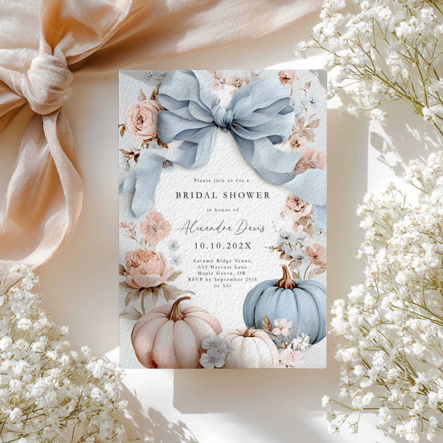 Dusty Blue Bow Pumpkin Bridal Shower Invitation Template L15