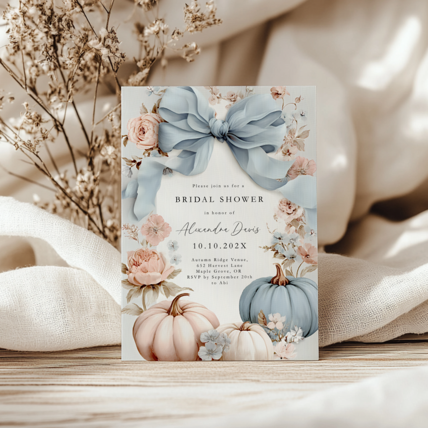 Dusty Blue Bow Pumpkin Bridal Shower Invitation Template L15