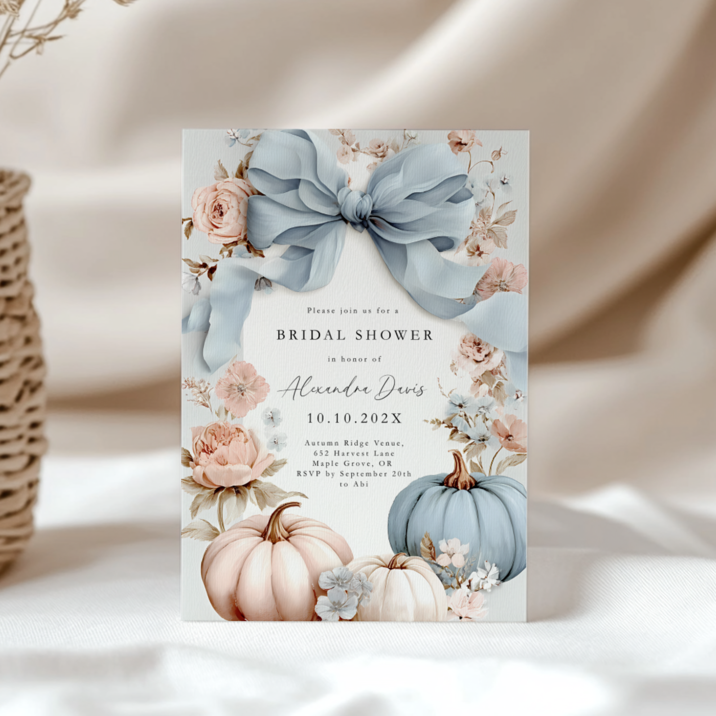 Dusty Blue Bow Pumpkin Bridal Shower Invitation Template L15