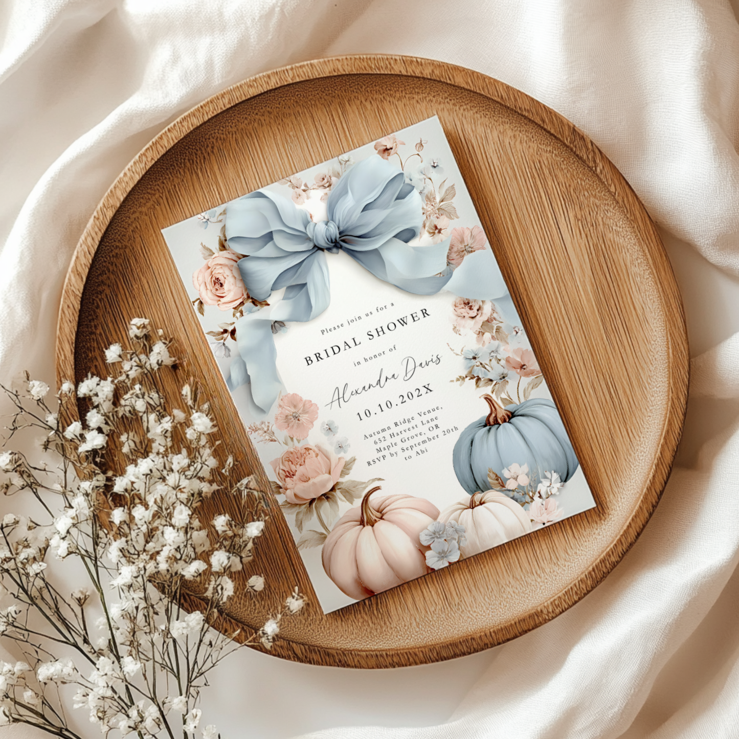 Dusty Blue Bow Pumpkin Bridal Shower Invitation Template L15