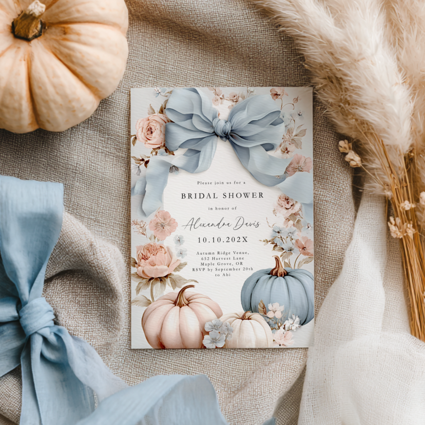 Dusty Blue Bow Pumpkin Bridal Shower Invitation Template L15