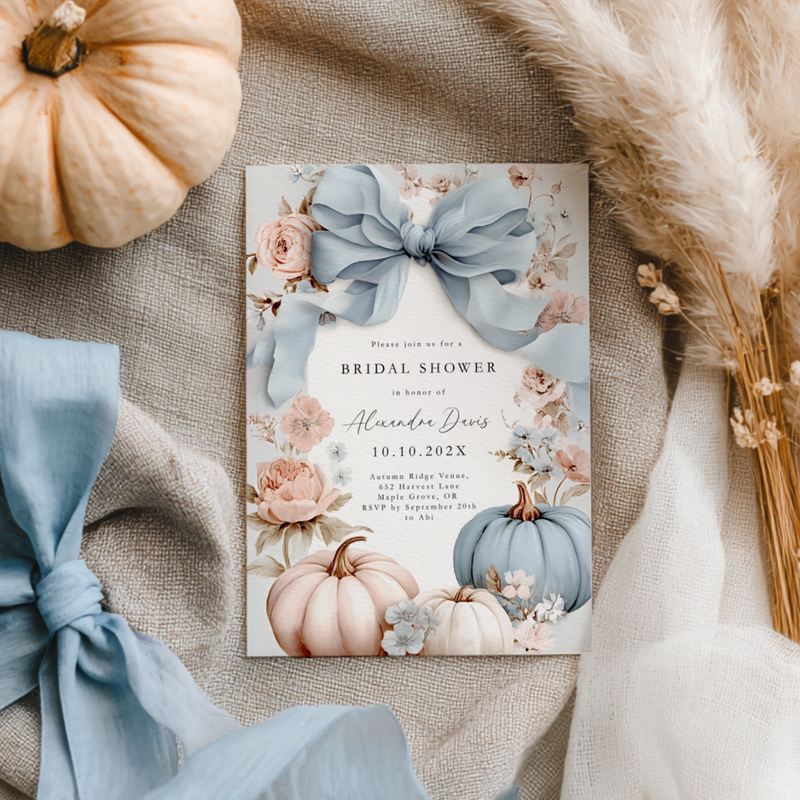 Dusty Blue Bow Pumpkin Bridal Shower Invitation Template L15