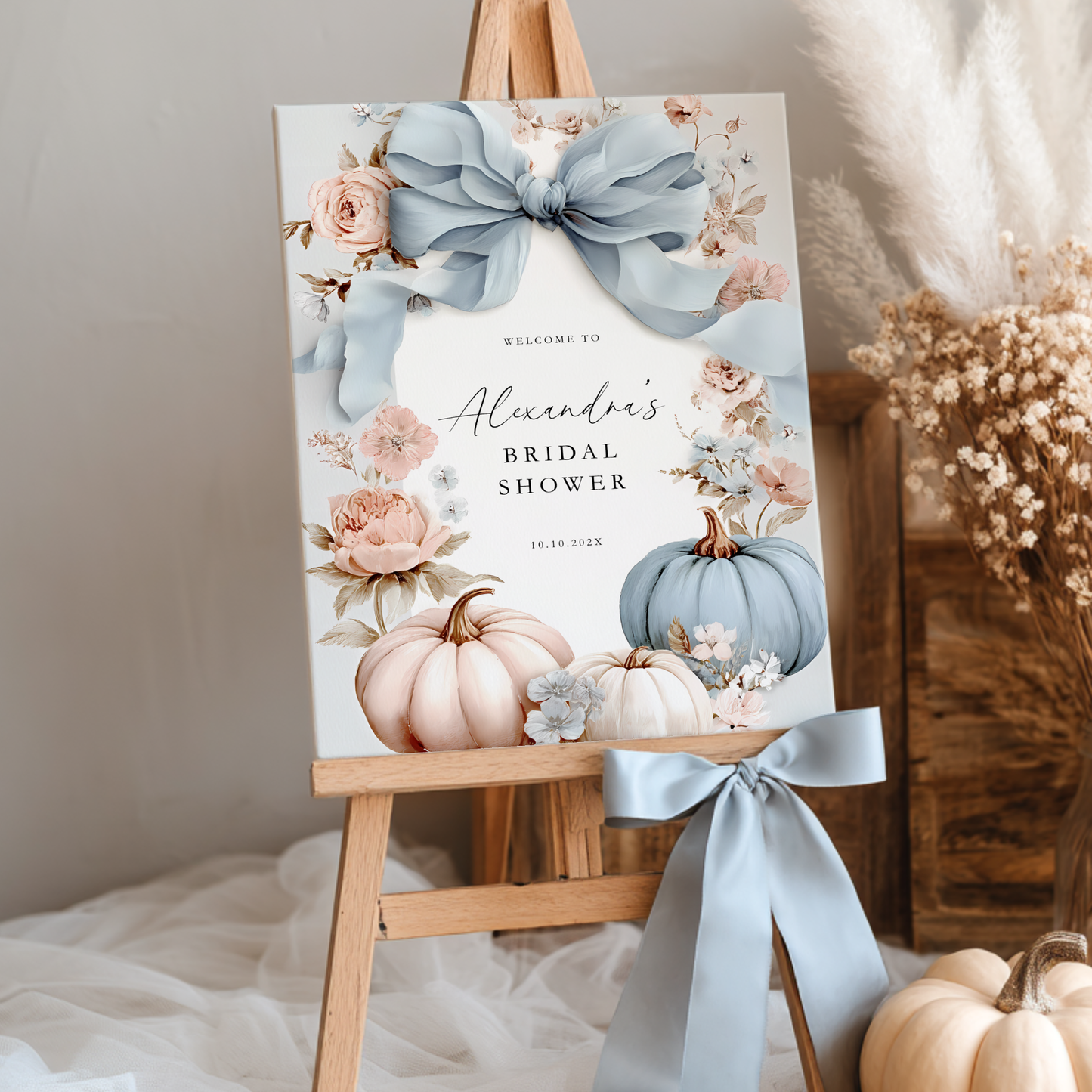Blue Bow Pumpkin Fall Bridal Shower Welcome Sign Template