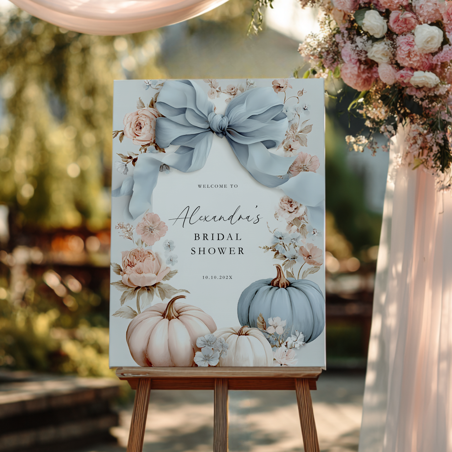 Blue Bow Pumpkin Fall Bridal Shower Welcome Sign Template