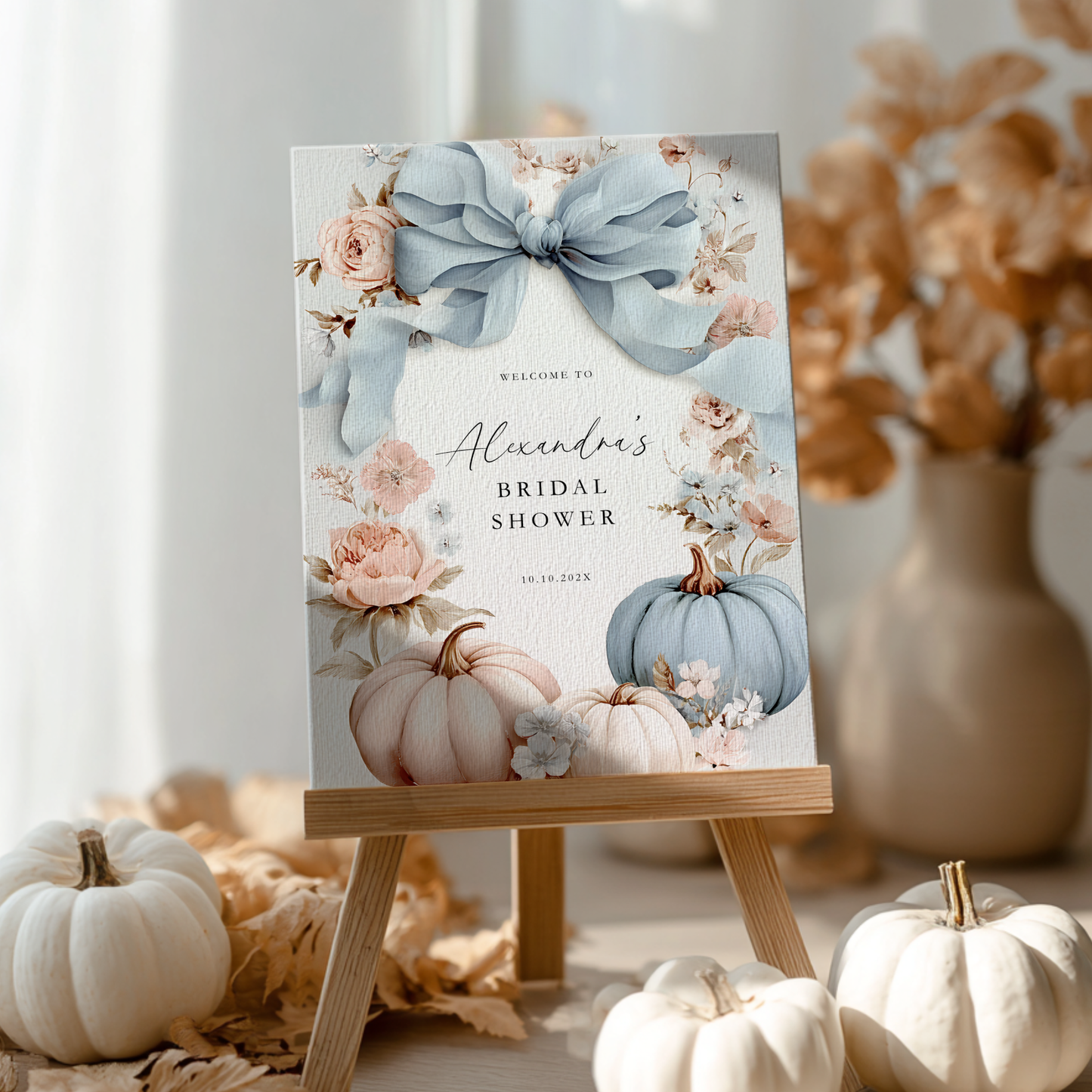 Blue Bow Pumpkin Fall Bridal Shower Welcome Sign Template