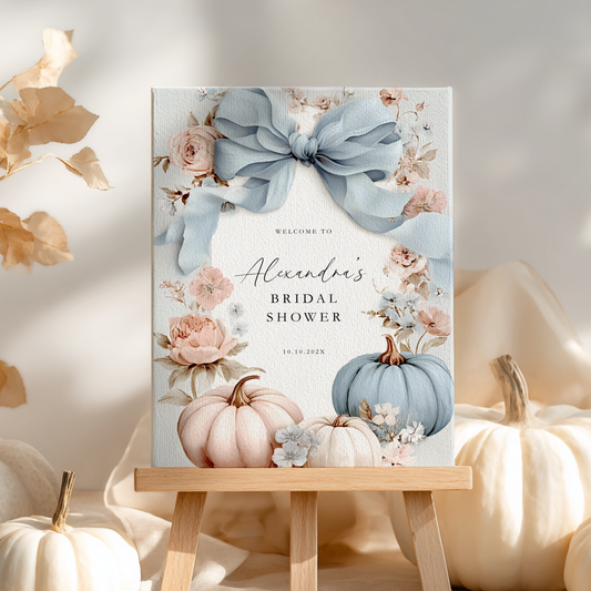 Blue Bow Pumpkin Fall Bridal Shower Welcome Sign Template