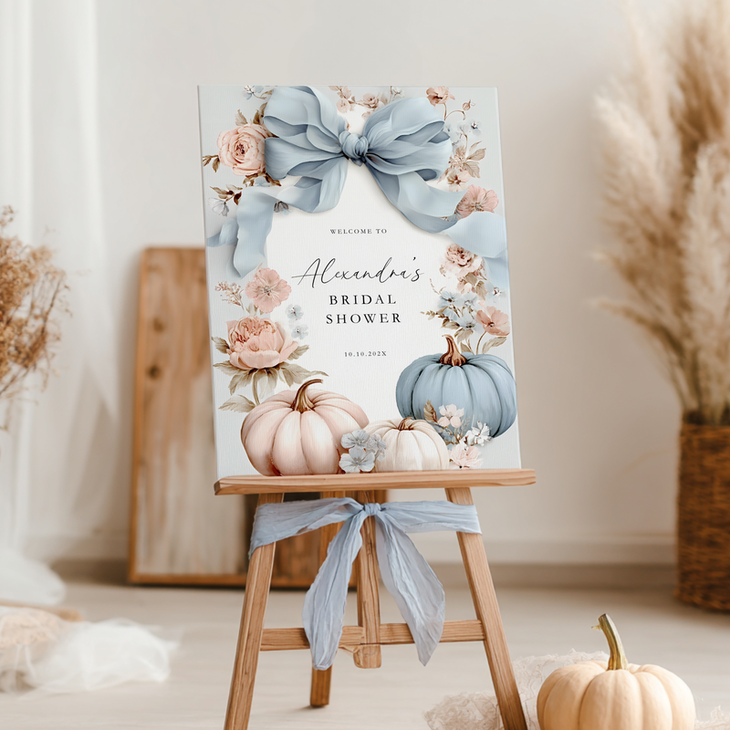 Blue Bow Pumpkin Fall Bridal Shower Welcome Sign Template