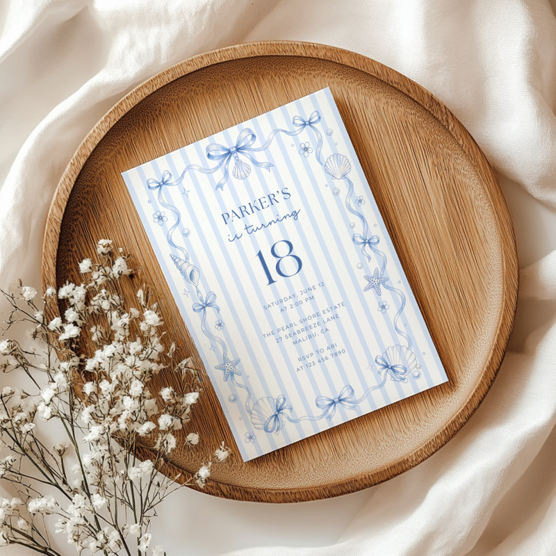 Blue Bow Coastal Birthday Invitation – Preppy Beach Party Theme L133