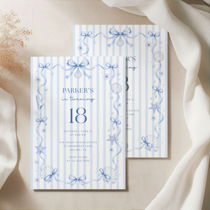 Blue Bow Coastal Birthday Invitation – Preppy Beach Party Theme L133