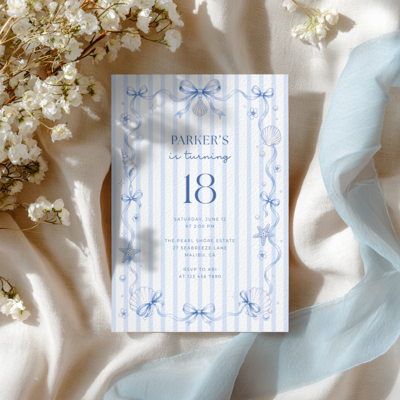 Blue Bow Coastal Birthday Invitation – Preppy Beach Party Theme L133