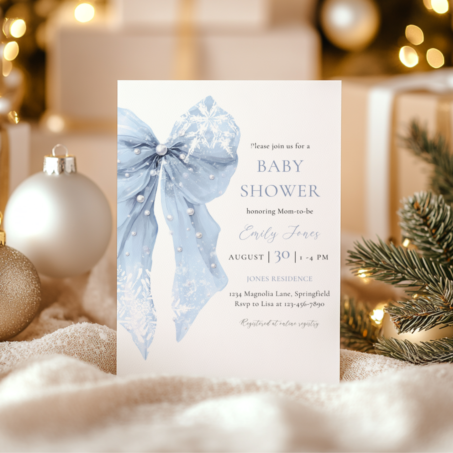 Baby Shower Invitation - Blue Bow Winter Snowflakes BS257