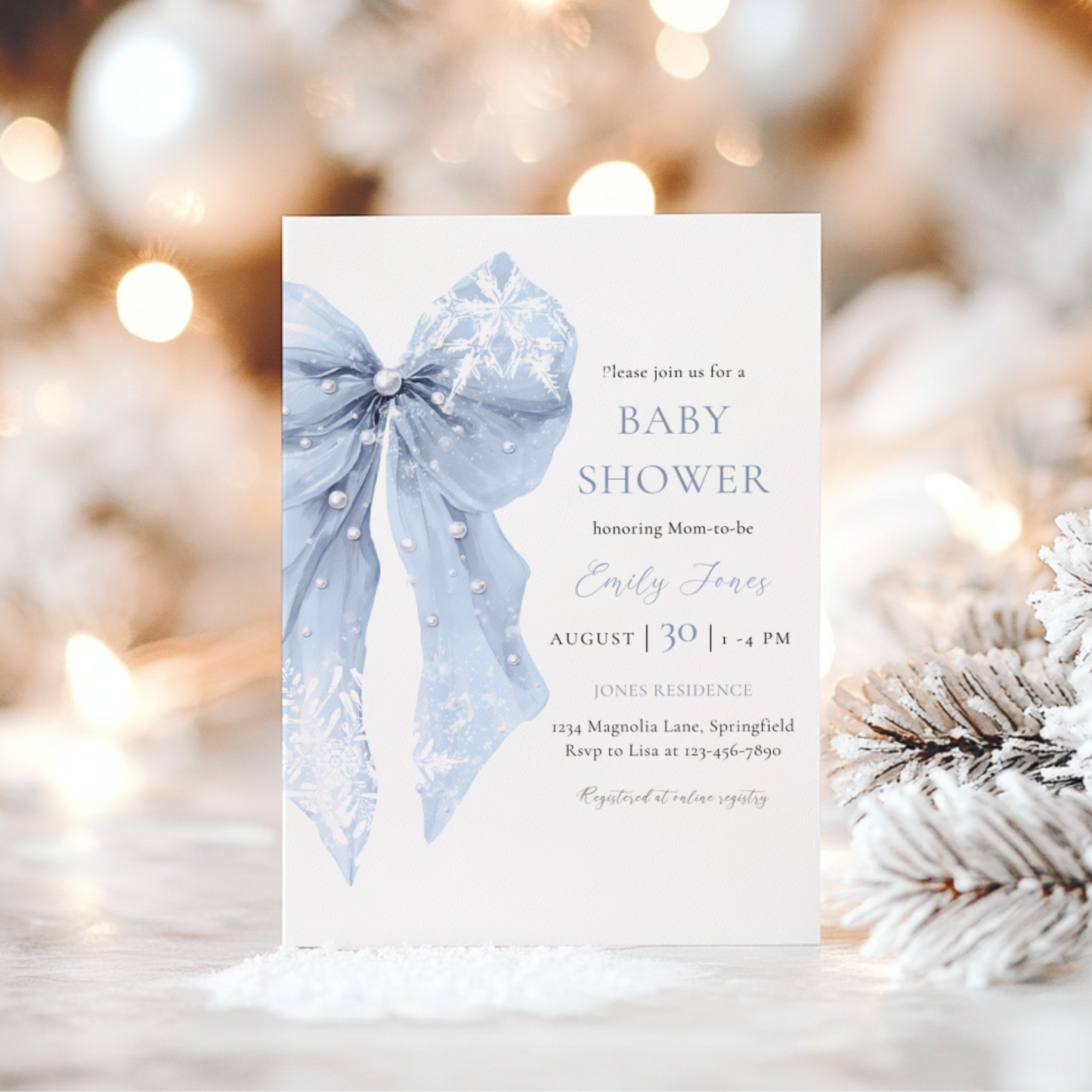 Baby Shower Invitation - Blue Bow Winter Snowflakes BS257