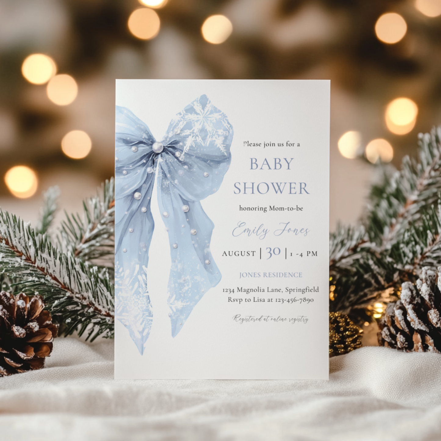 Baby Shower Invitation - Blue Bow Winter Snowflakes BS257