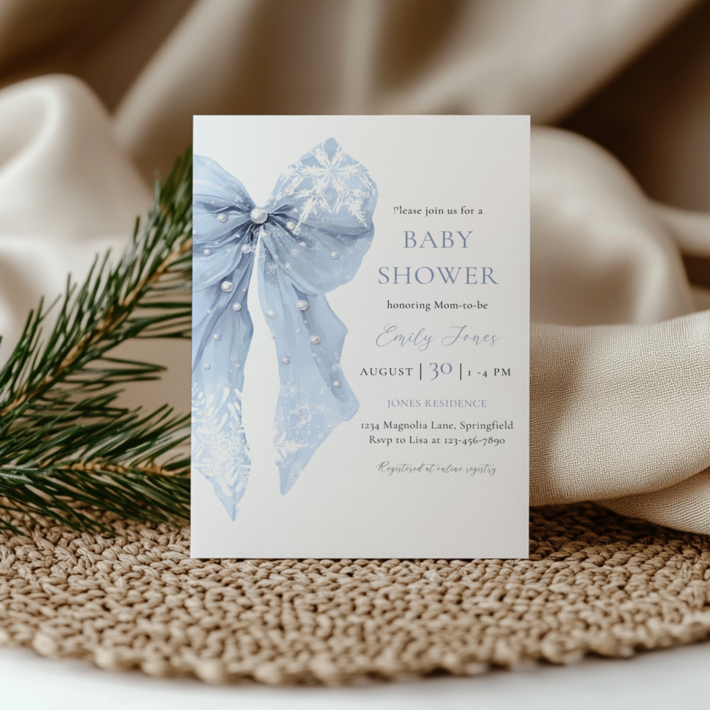 Baby Shower Invitation - Blue Bow Winter Snowflakes BS257
