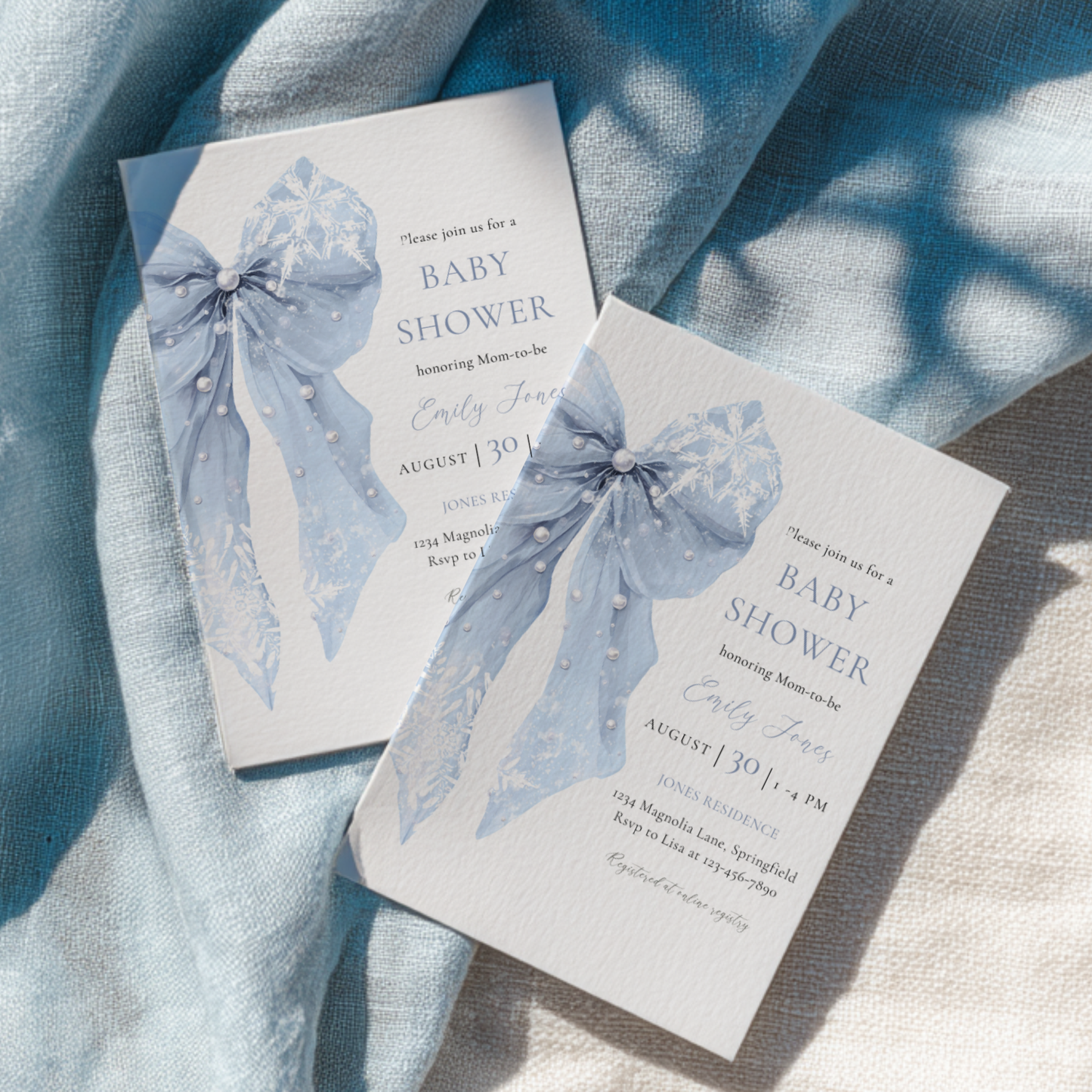 Baby Shower Invitation - Blue Bow Winter Snowflakes BS257