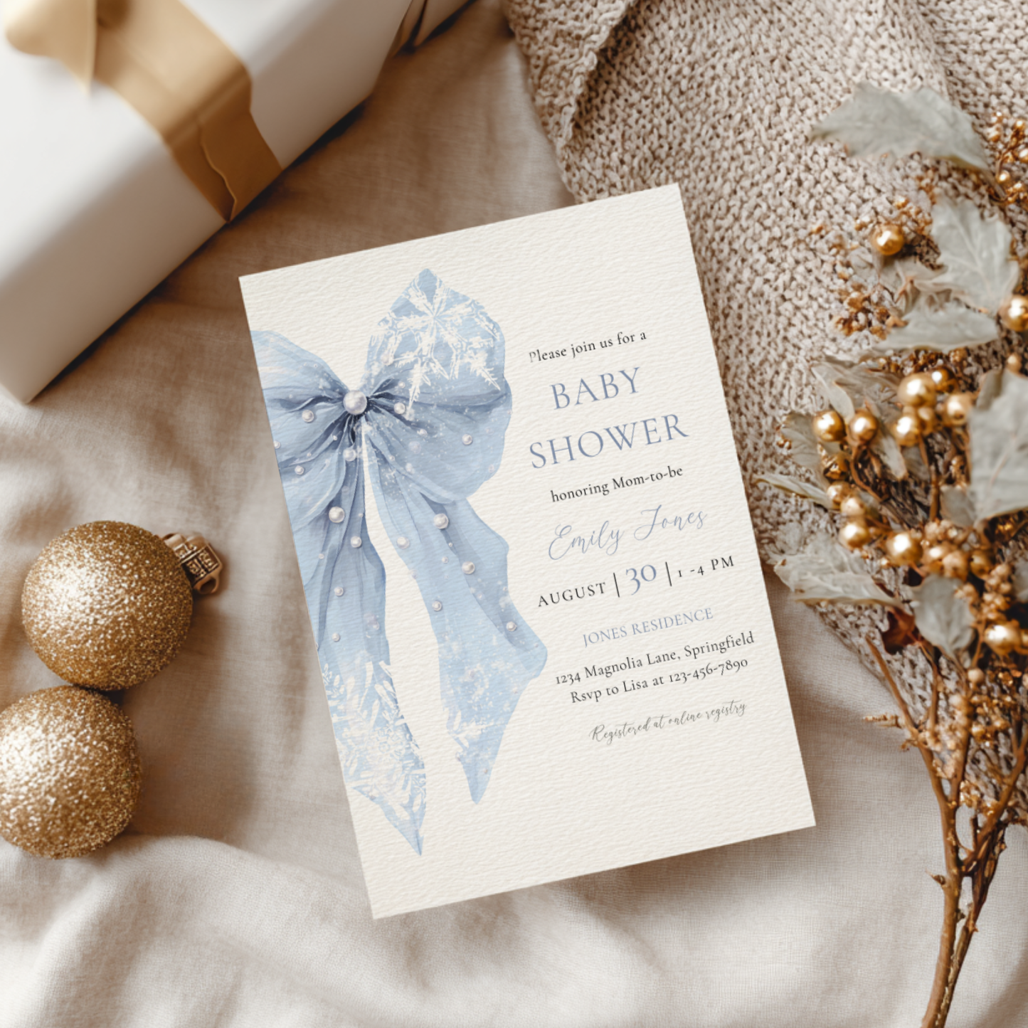 Baby Shower Invitation - Blue Bow Winter Snowflakes BS257