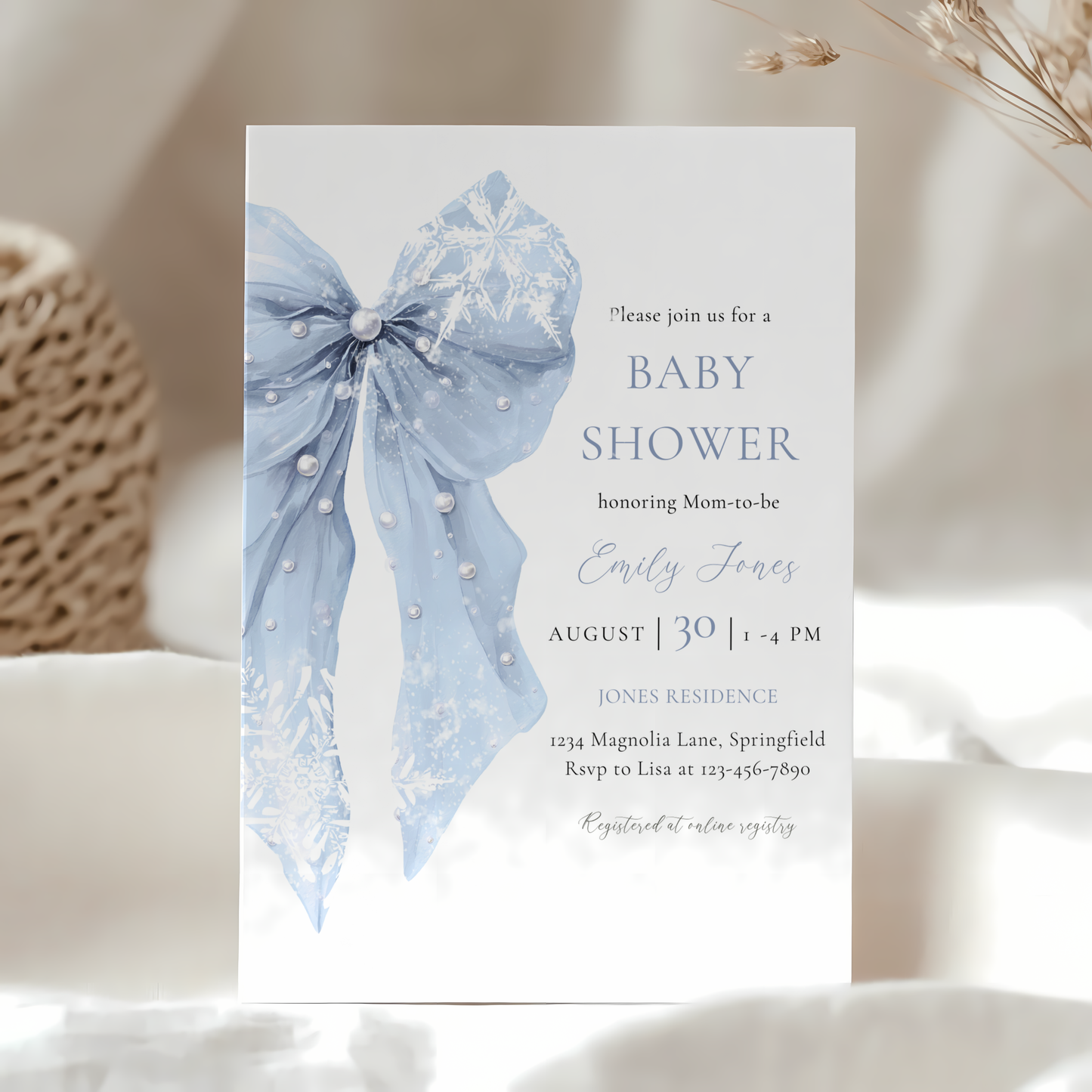 Baby Shower Invitation - Blue Bow Winter Snowflakes BS257