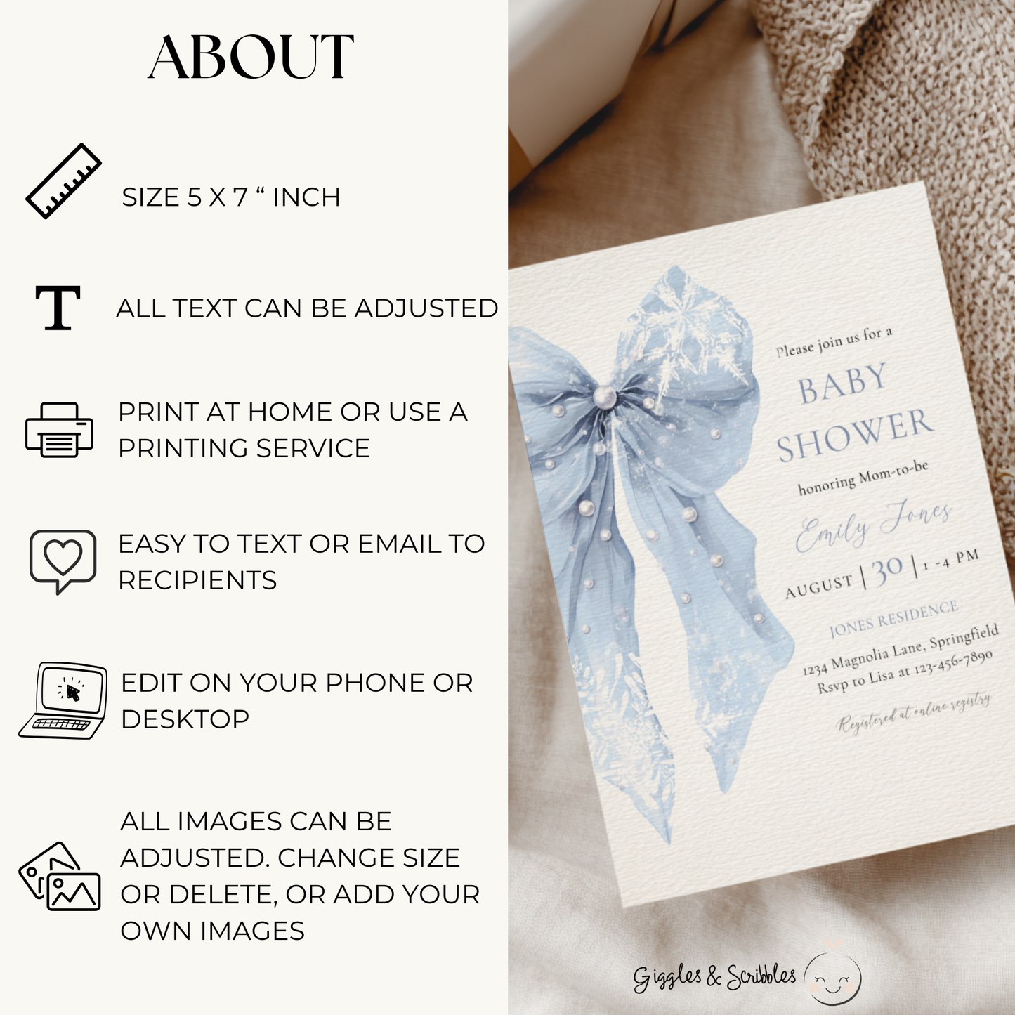 Baby Shower Invitation - Blue Bow Winter Snowflakes BS257