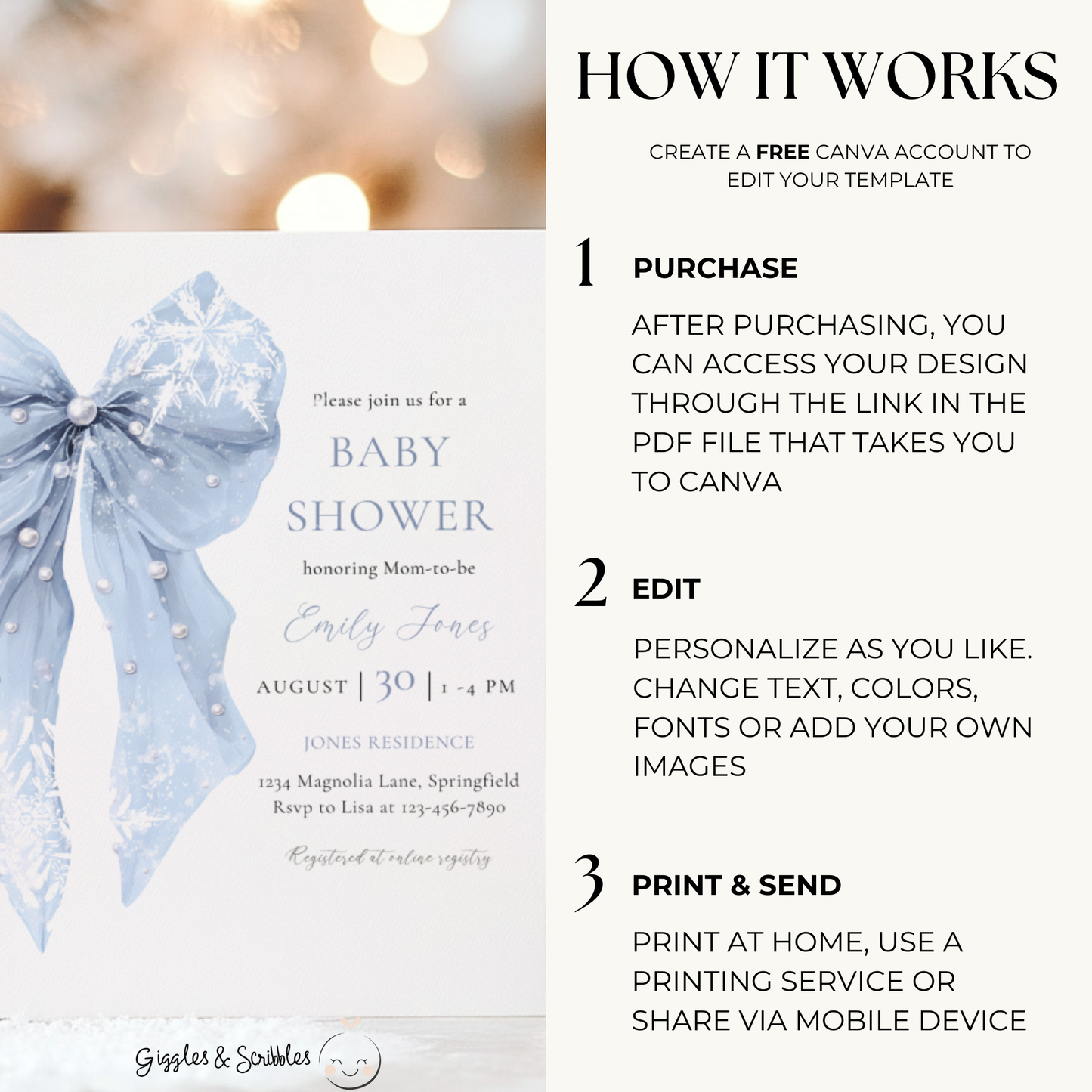 Baby Shower Invitation - Blue Bow Winter Snowflakes BS257