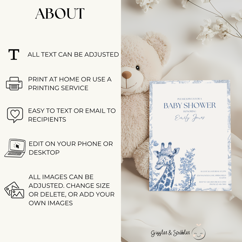 Baby Shower Invitation Bundle - Blue Safari Chinoiserie Giraffe BS14