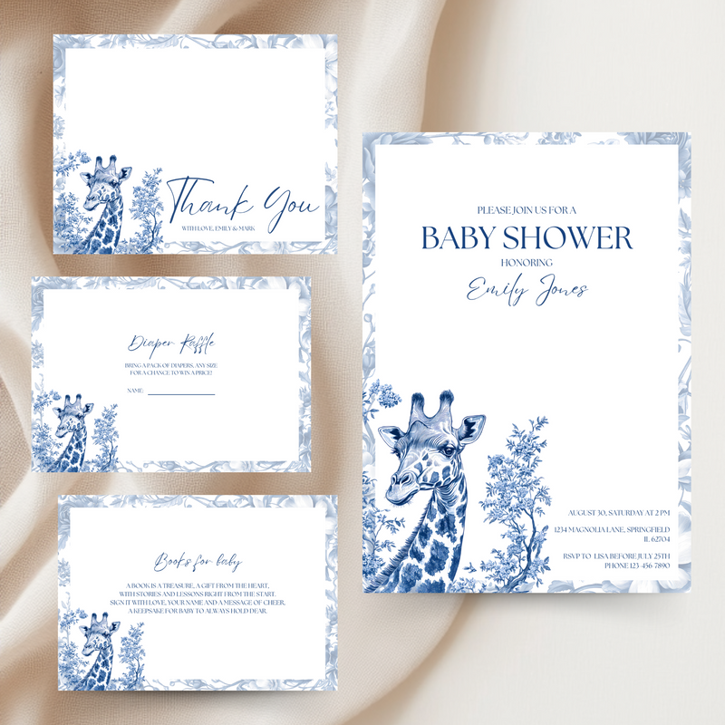 Baby Shower Invitation Bundle - Blue Safari Chinoiserie Giraffe BS14