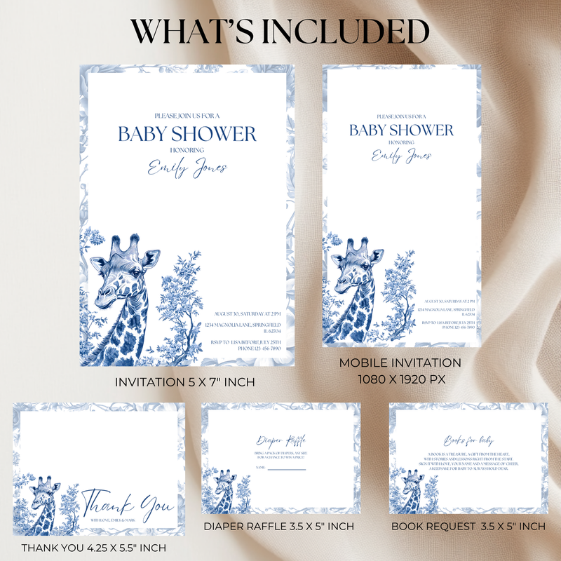 Baby Shower Invitation Bundle - Blue Safari Chinoiserie Giraffe BS14