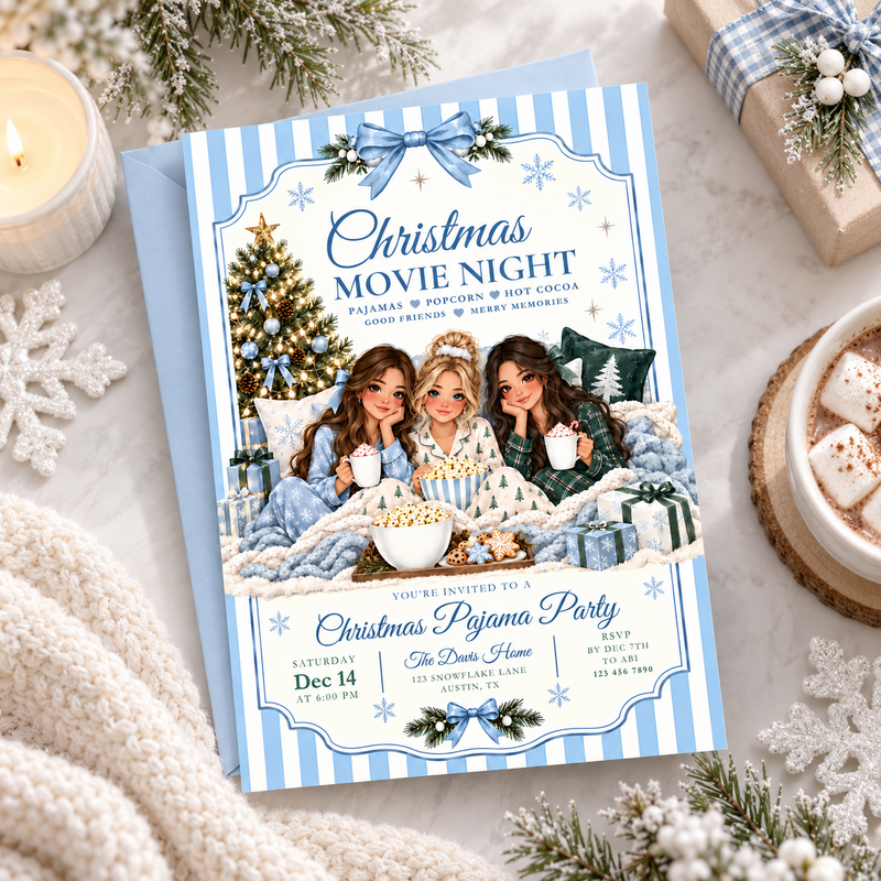 Blue Christmas Sleepover Invitation L181