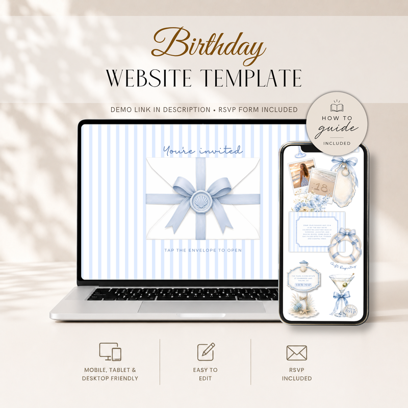 Blue Coastal Birthday Invitation Website with RSVP L133