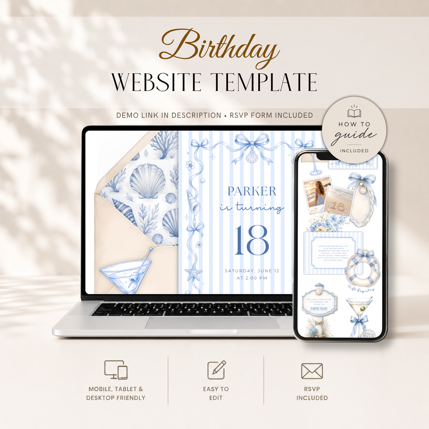 Blue Coastal Birthday Invitation Website with RSVP L133