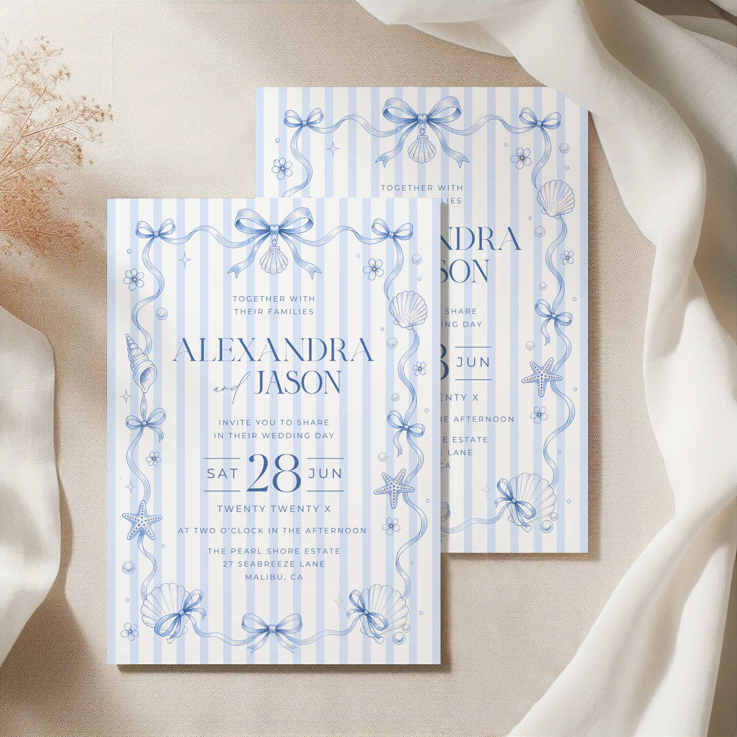 Blue Coastal Coquette Wedding Invitation L133