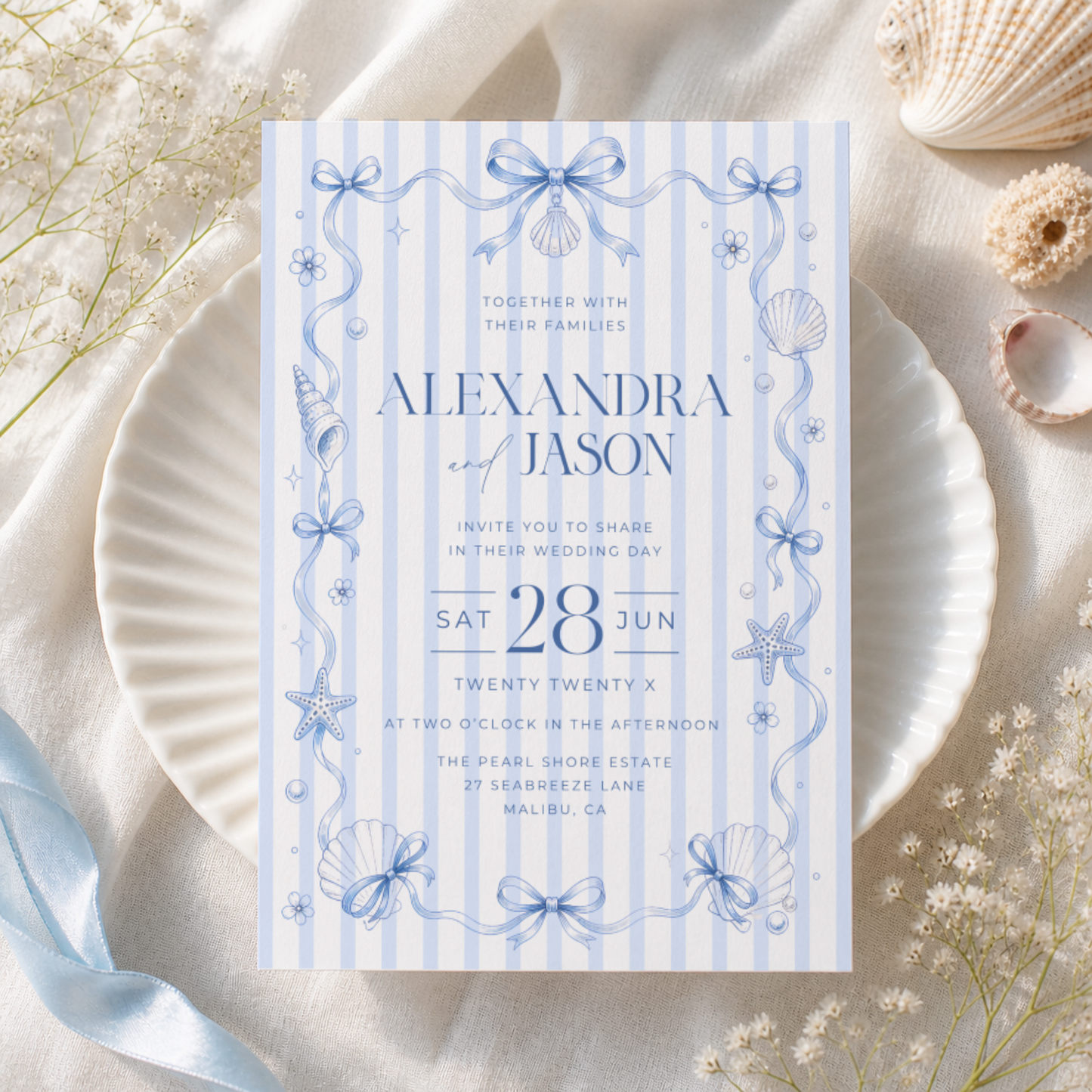 Blue Coastal Coquette Wedding Invitation L133