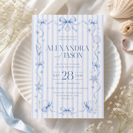 Blue Coastal Coquette Wedding Invitation L133