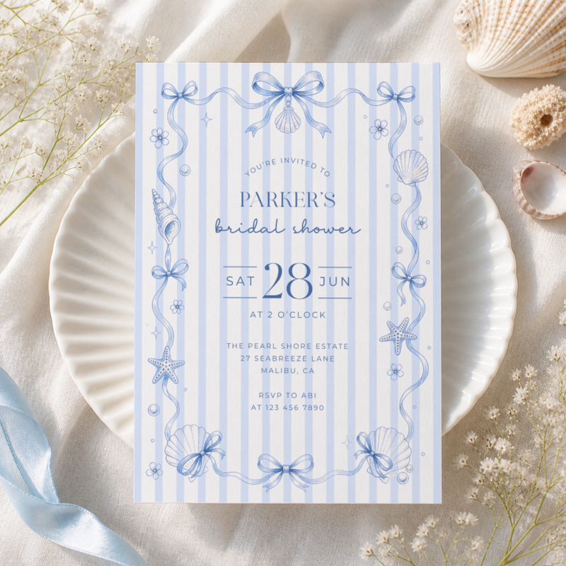 Coastal Bridal Shower Invitation - Coquette Blue Bow Theme L133