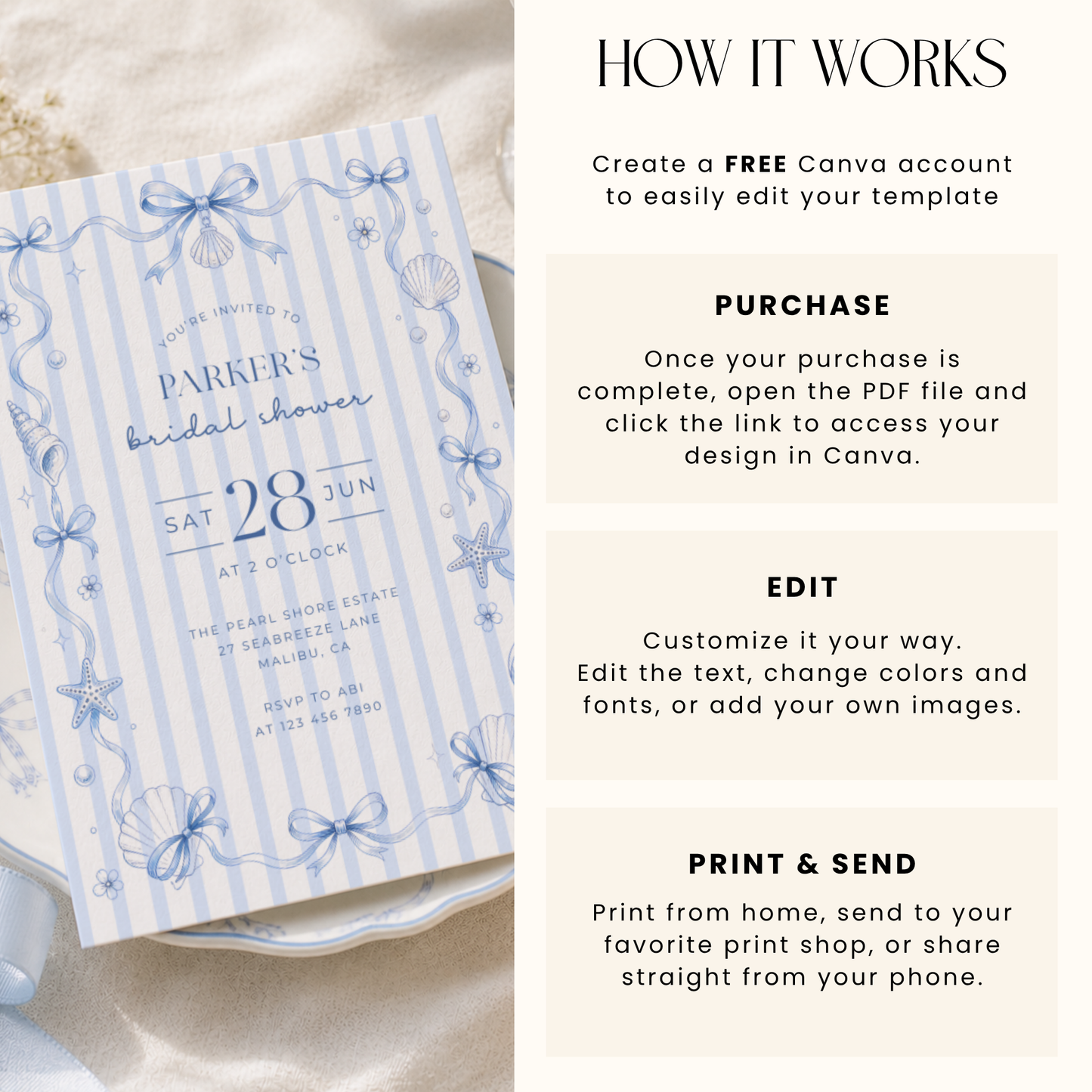 Coastal Bridal Shower Invitation - Coquette Blue Bow Theme L133