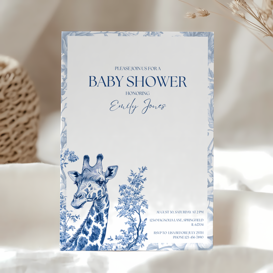 Baby Shower Invitation - Blue Safari Chinoiserie Giraffe BS14