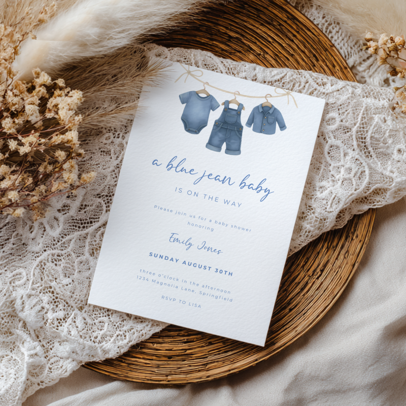 Baby Shower Invitation Bundle - Blue Jean Baby Denim Clothesline BS194