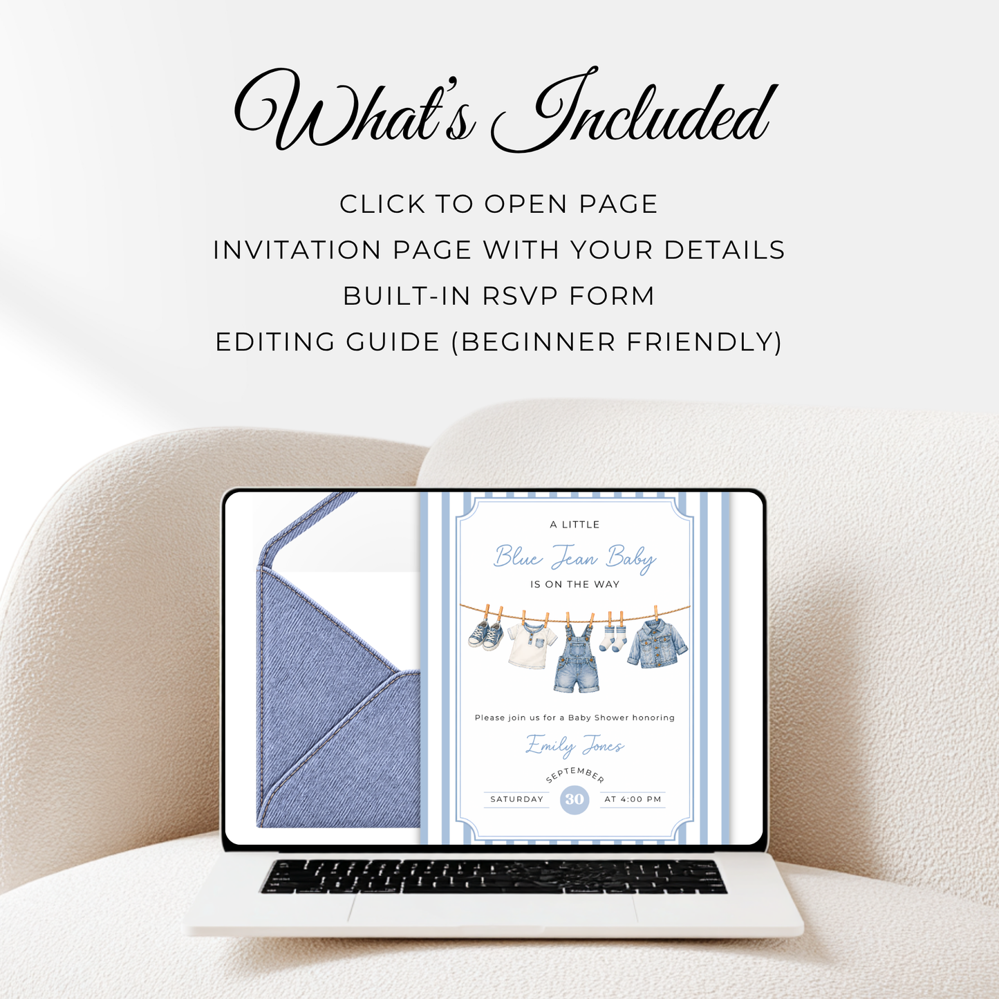 Blue Jean Baby Shower Website Invitation with RSVP BS311