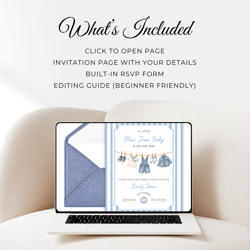 Blue Jean Baby Shower Website Invitation with RSVP BS311