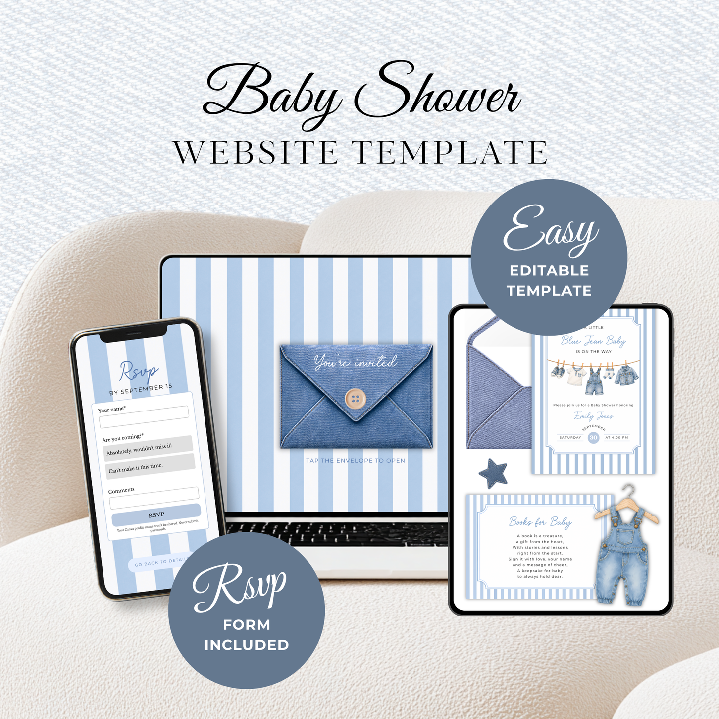 Blue Jean Baby Shower Website Invitation with RSVP BS311