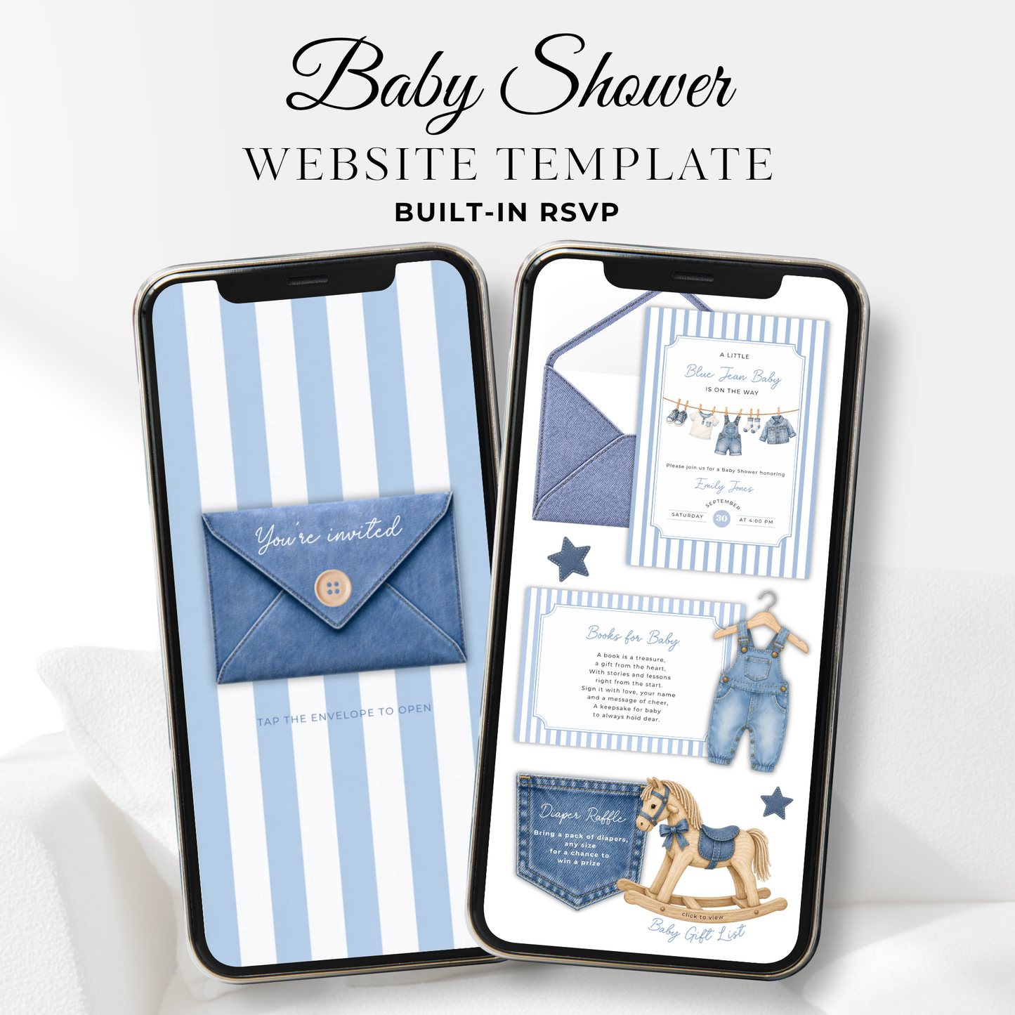 Blue Jean Baby Shower Website Invitation with RSVP BS311