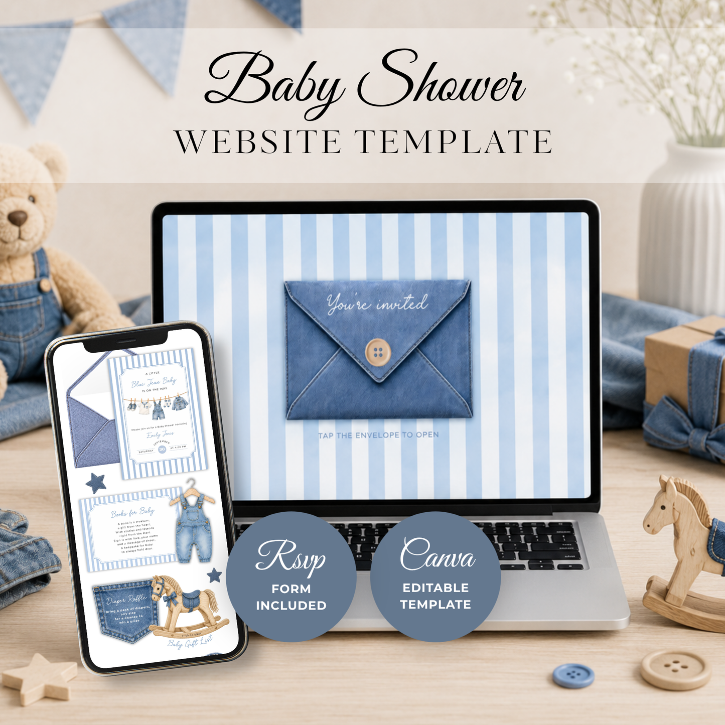 Blue Jean Baby Shower Website Invitation with RSVP BS311