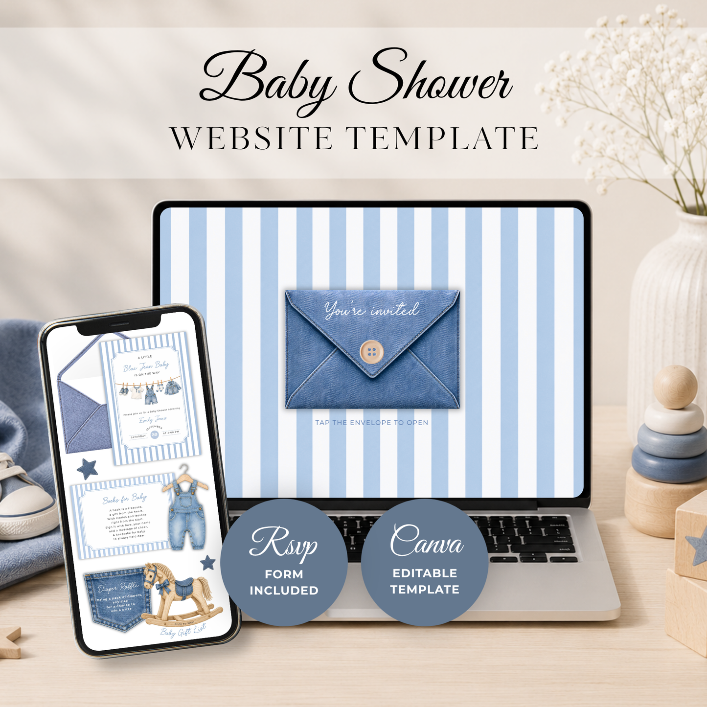 Blue Jean Baby Shower Website Invitation with RSVP BS311